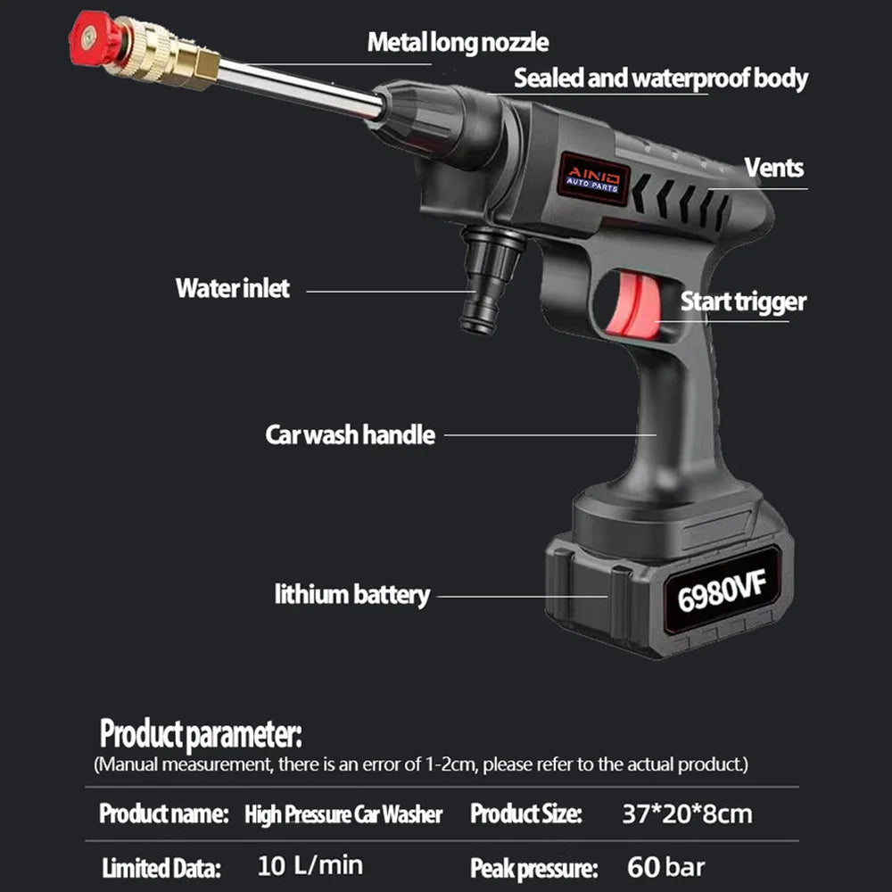 Pistolet de lavage de voiture haute pression sans fil, g¨¦n¨¦rateur de mousse, odor¨¤ eau, nettoyeur en a¨¦rosol, machine ¨¤ laver, 300W, 60 bars, 30000mAh