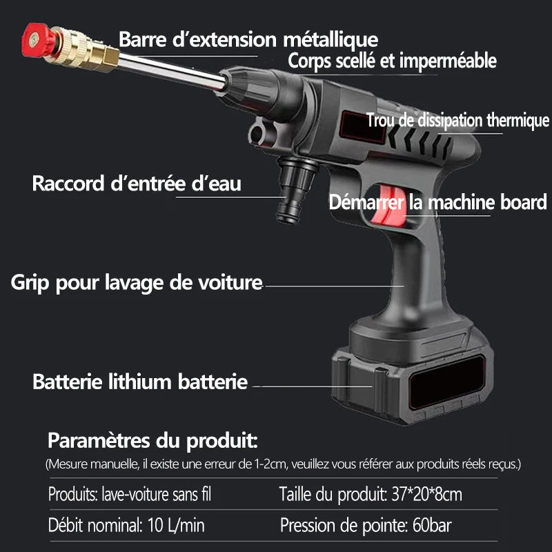 Pistolet ¨¤ eau haute pression sans fil pour lavage de voiture, auto-amor?ant, recharge 30000mAh, 300W, avec batterie Eddie ion Outils de kit de livres de voiture, fournitures de lavage