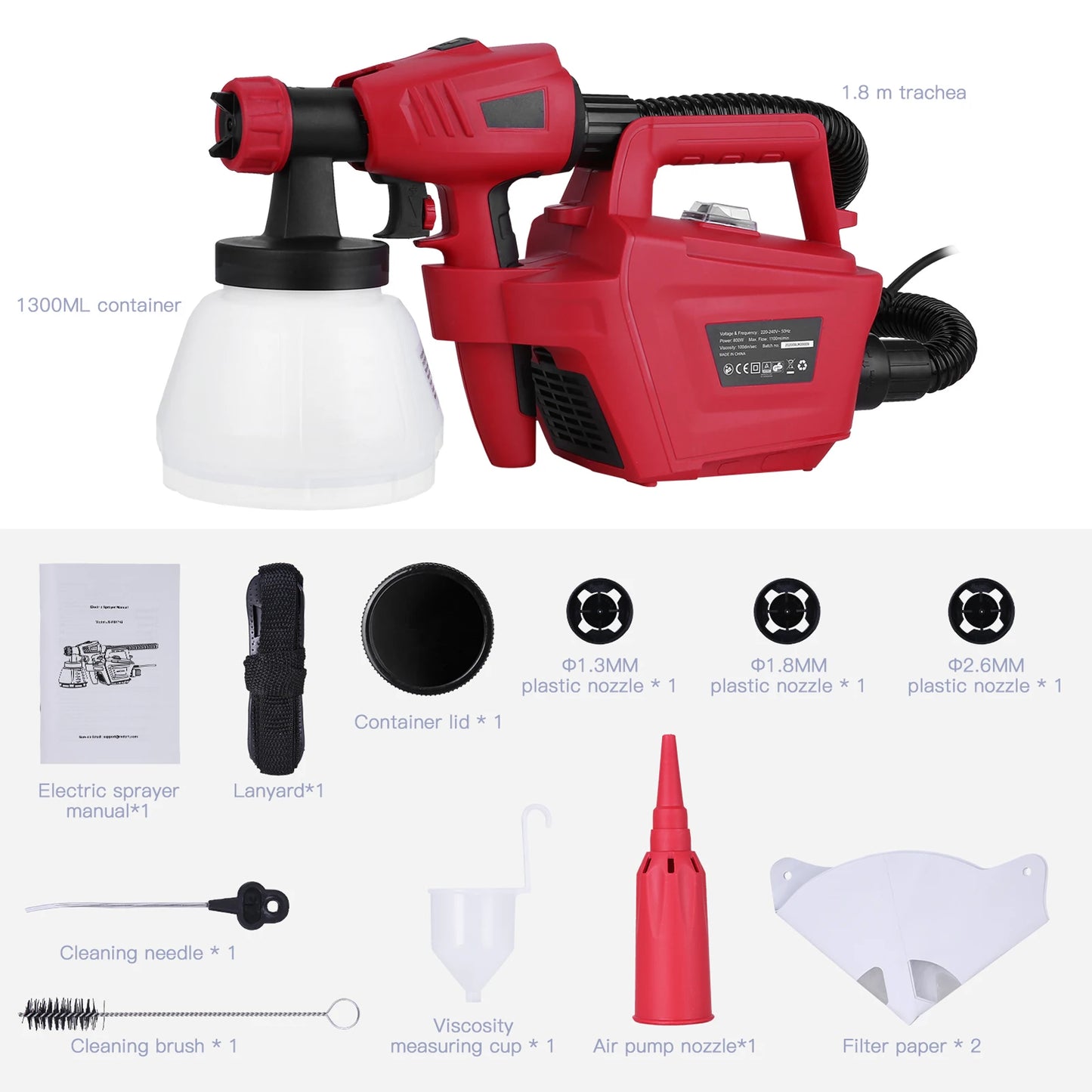 Pulv¨¦risateur de peinture ¨¦lectrique sans air, odorpulv¨¦risateur, machine de pulv¨¦risation de latex, 800 ml/min, HVLP, 1100m, tuyau d'air, 3 buses, TAN& 3, 1.8 W