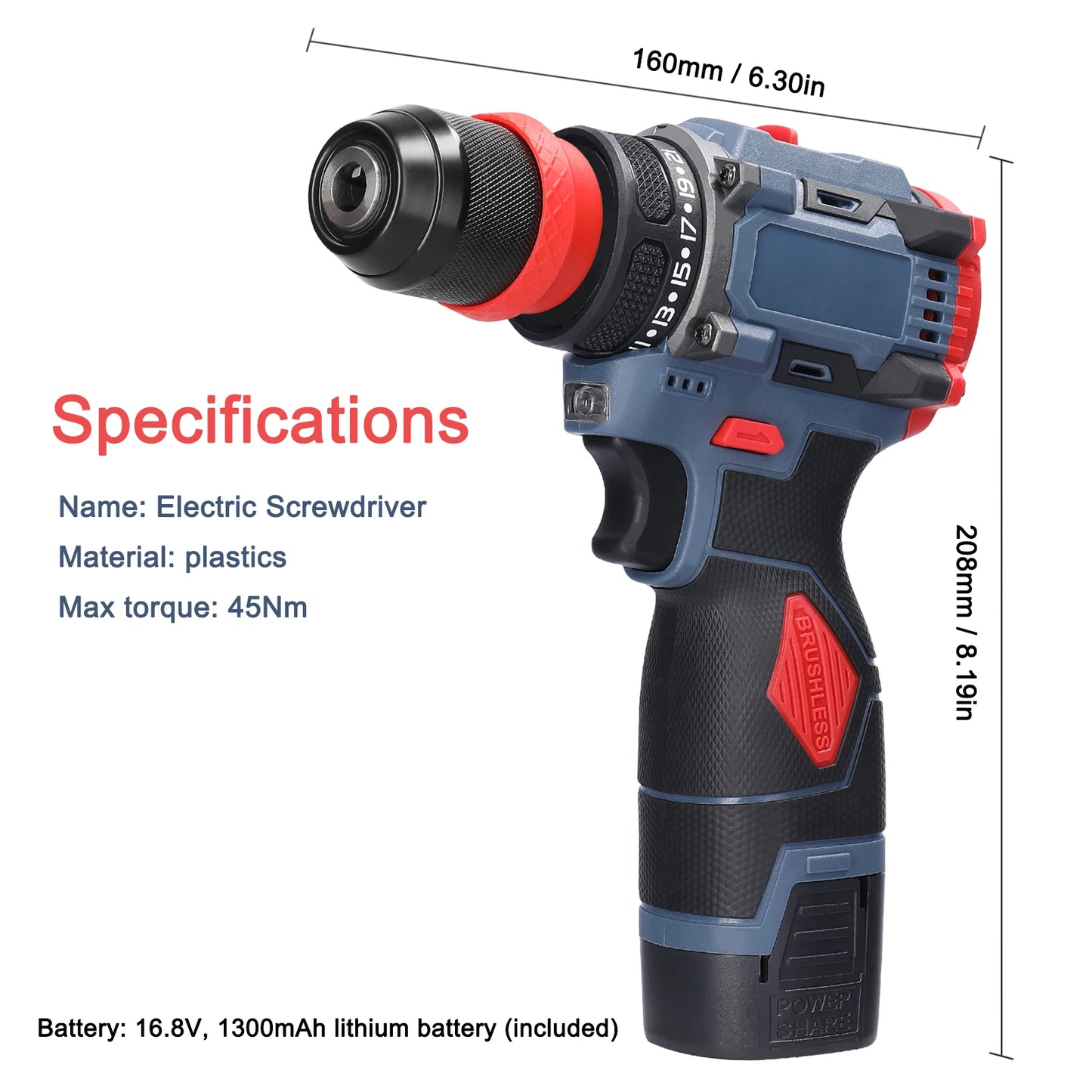 Perceuse au lithium 2 en 1, tournevis ¹Èlectrique, outil ¹Èlectrique multifonction, couple 45Nm, moteur sans balais, tournevis pratique, 16.8V