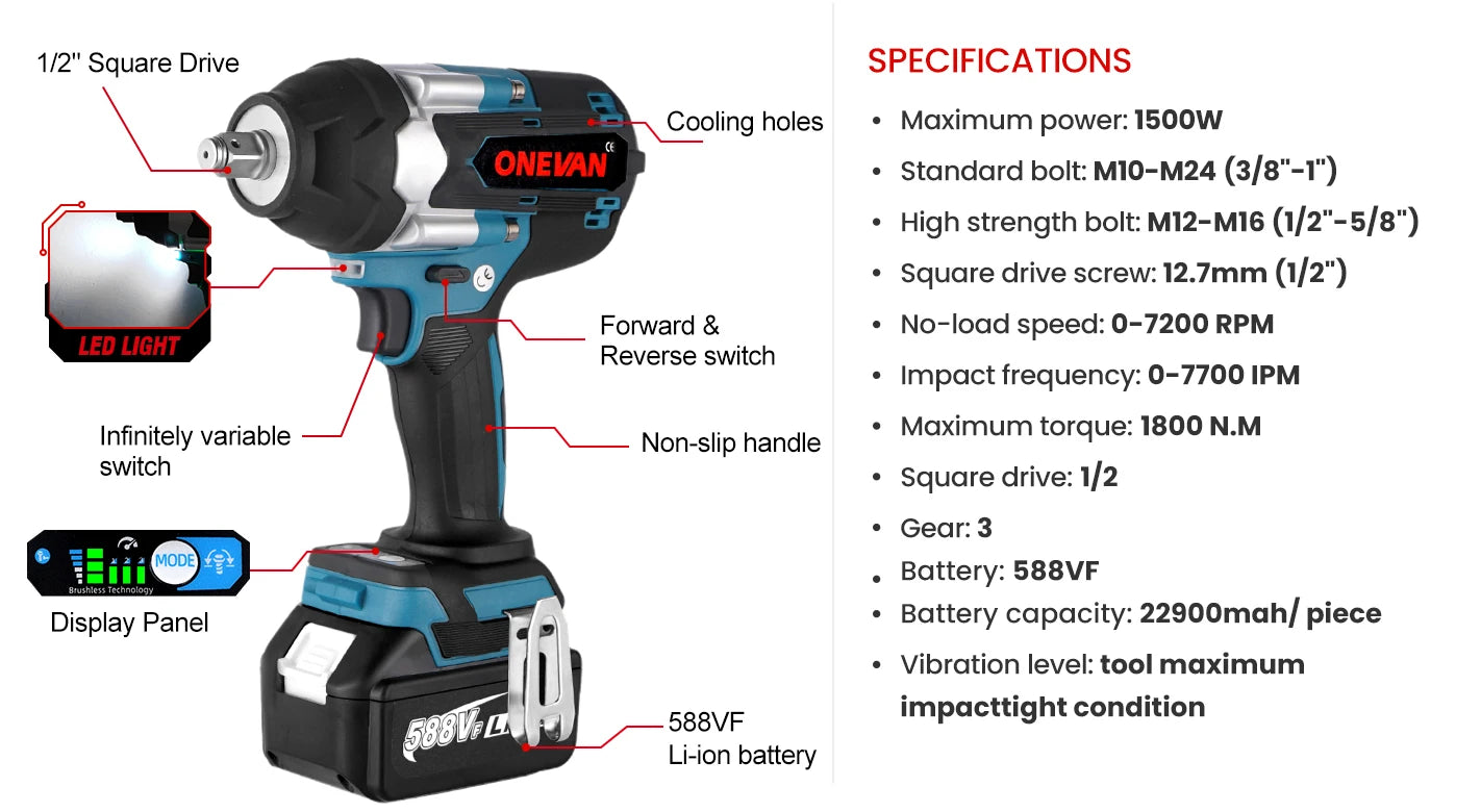Outil ¹Èlectrique sans fil pour Makita, batterie au lithium-ion, couple de 1800N.M, sans balais, anti-impact ¹Èlectrique, 1/2 pouces, 18V
