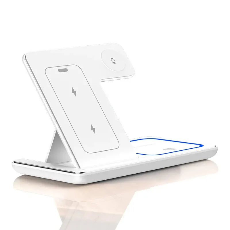 Soporte de cargador inalámbrico rápido con LED, station de carga pliable 3 en 1 de para iPhone 15, 14, 13, 12, 11, Apple Watch