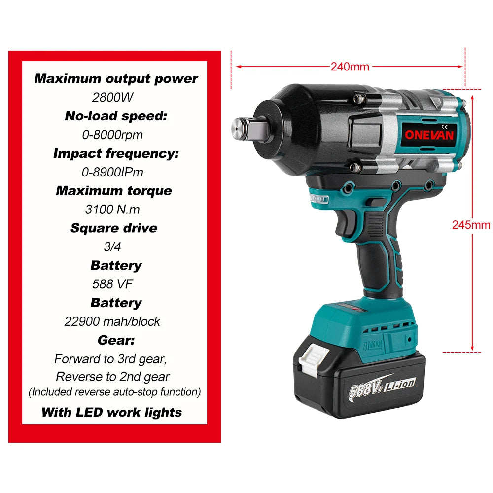 Cl¹È ½Ç chocs ¹Èlectrique sans balais, outil de couple sans fil, batterie au lithium-ion, batterie Makita 18V, 3100 N.M, 3/4 po
