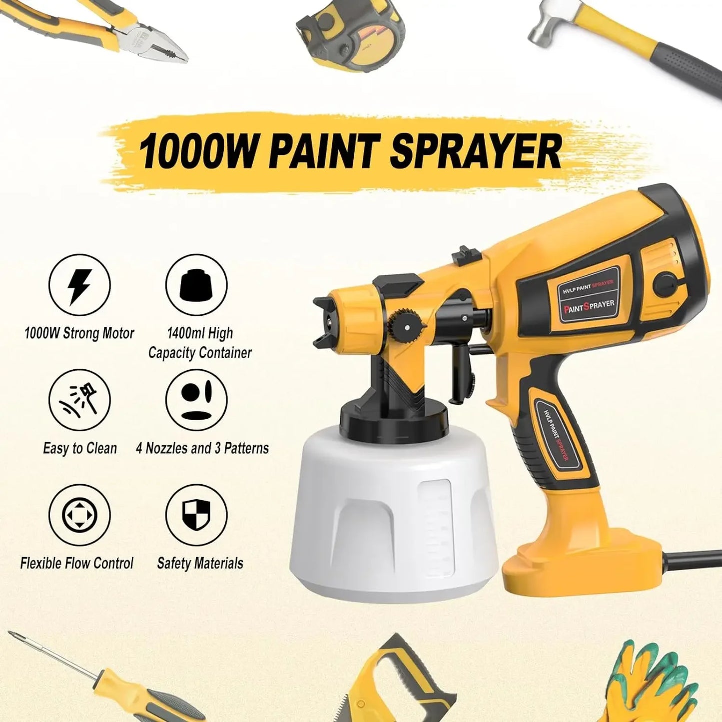 Pistolet ¨¤ peinture ¨¦lectrique avec rev¨ºtement en acier, a¨¦rographe, 4 buses, adapt¨¦ pour meubles, armoire, cl?ture, mur, porte, bricolage, 1400ml