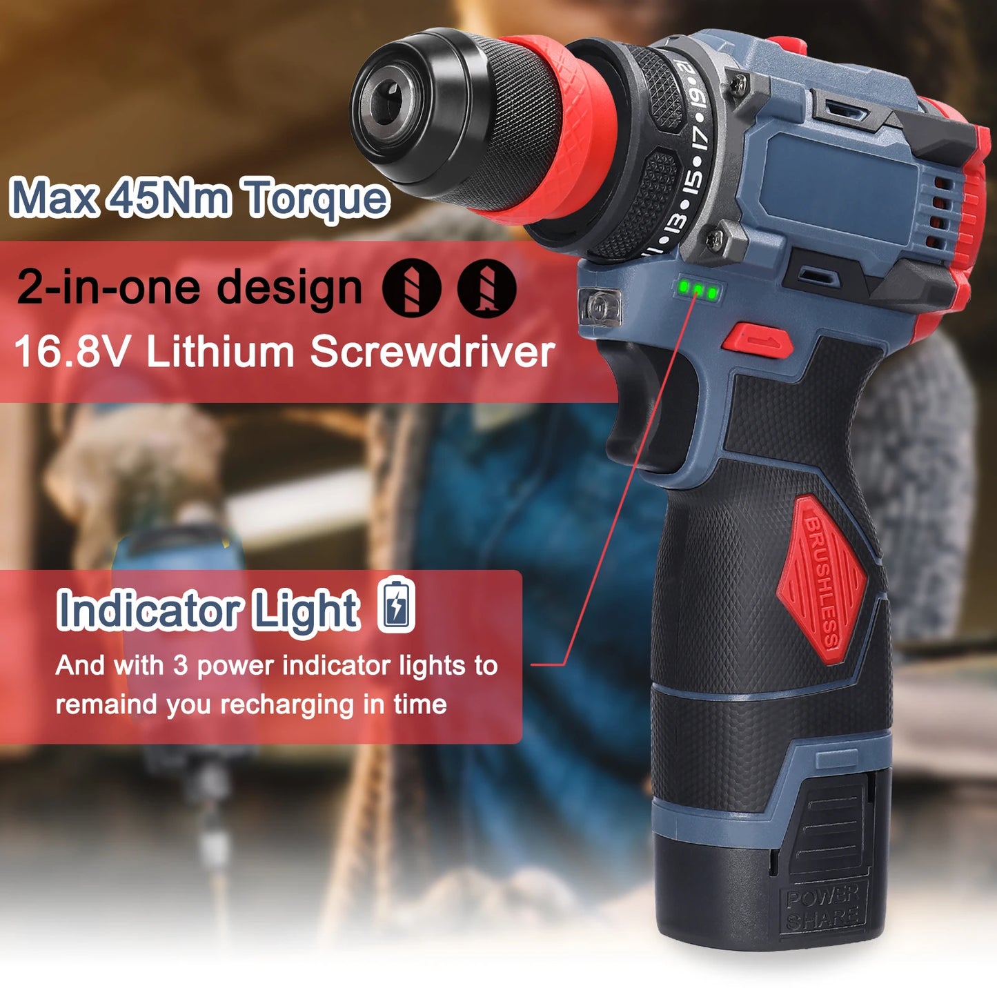 Perceuse au lithium 2 en 1, tournevis ¹Èlectrique, outil ¹Èlectrique multifonction, couple 45Nm, moteur sans balais, tournevis pratique, 16.8V