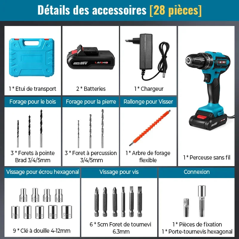 Perceuse ¨¤ percussion ¨¦lectrique sans fil, tournevis ¨¦lectrique, marteau perforateur, mini perceuse ¨¤ main sans fil, batterie au lithium-ion, outils ¨¦lectriques, 28V