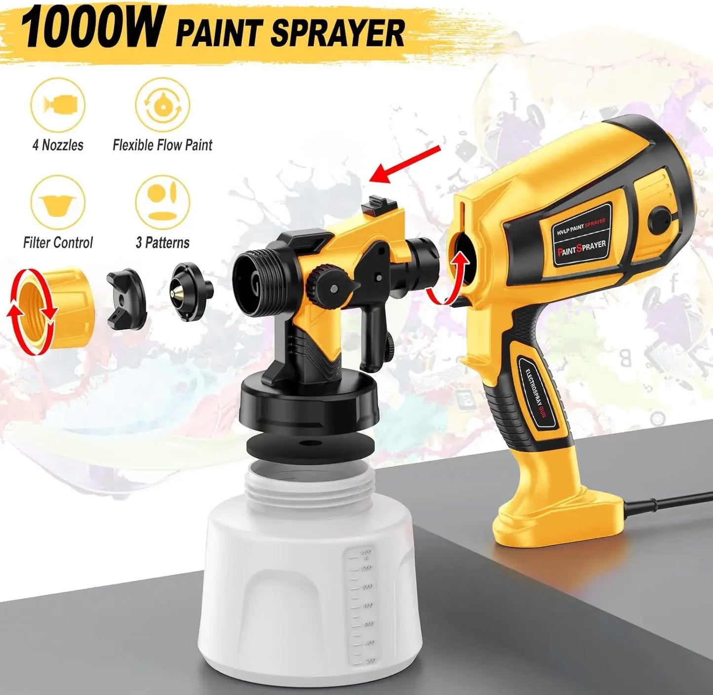 Pistolet ¨¤ peinture ¨¦lectrique avec rev¨ºtement en acier, a¨¦rographe, 4 buses, adapt¨¦ pour meubles, armoire, cl?ture, mur, porte, bricolage, 1400ml