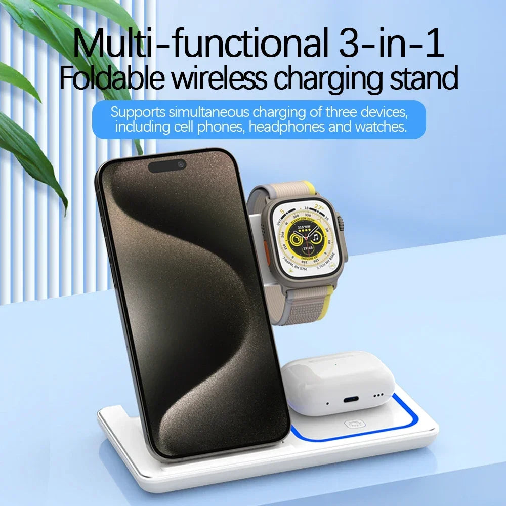 Soporte de cargador inalámbrico rápido con LED, station de carga pliable 3 en 1 de para iPhone 15, 14, 13, 12, 11, Apple Watch