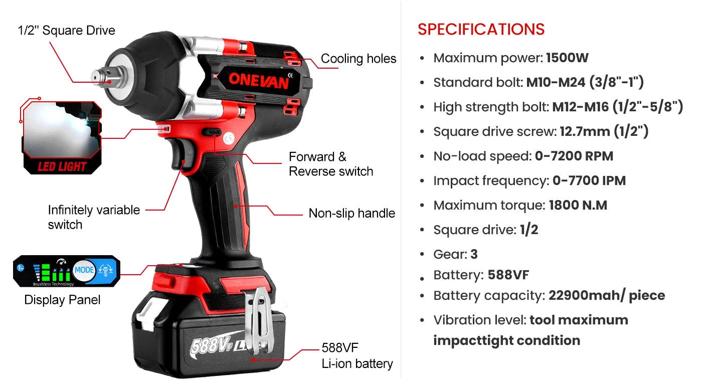 Outil ¹Èlectrique sans fil pour Makita, batterie au lithium-ion de 1/2 pouces, sans balais, 18V, couple de 1800 N.M, 2 Battery EU Plug B