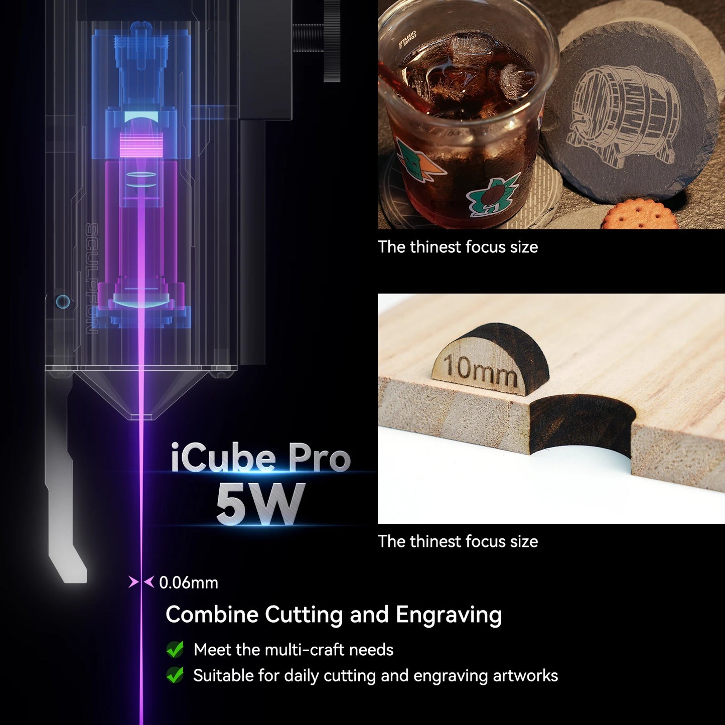 Graveur laser portable iCube Pro 5W, machine de gravure BT avec filtre ¨¤ fum¨¦e, temp¨¦rature 130x130mm, surface Type-C