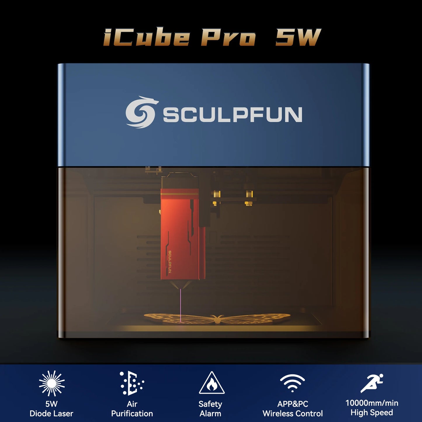 Graveur laser portable iCube Pro 5W, machine de gravure BT avec filtre ¨¤ fum¨¦e, temp¨¦rature 130x130mm, surface Type-C