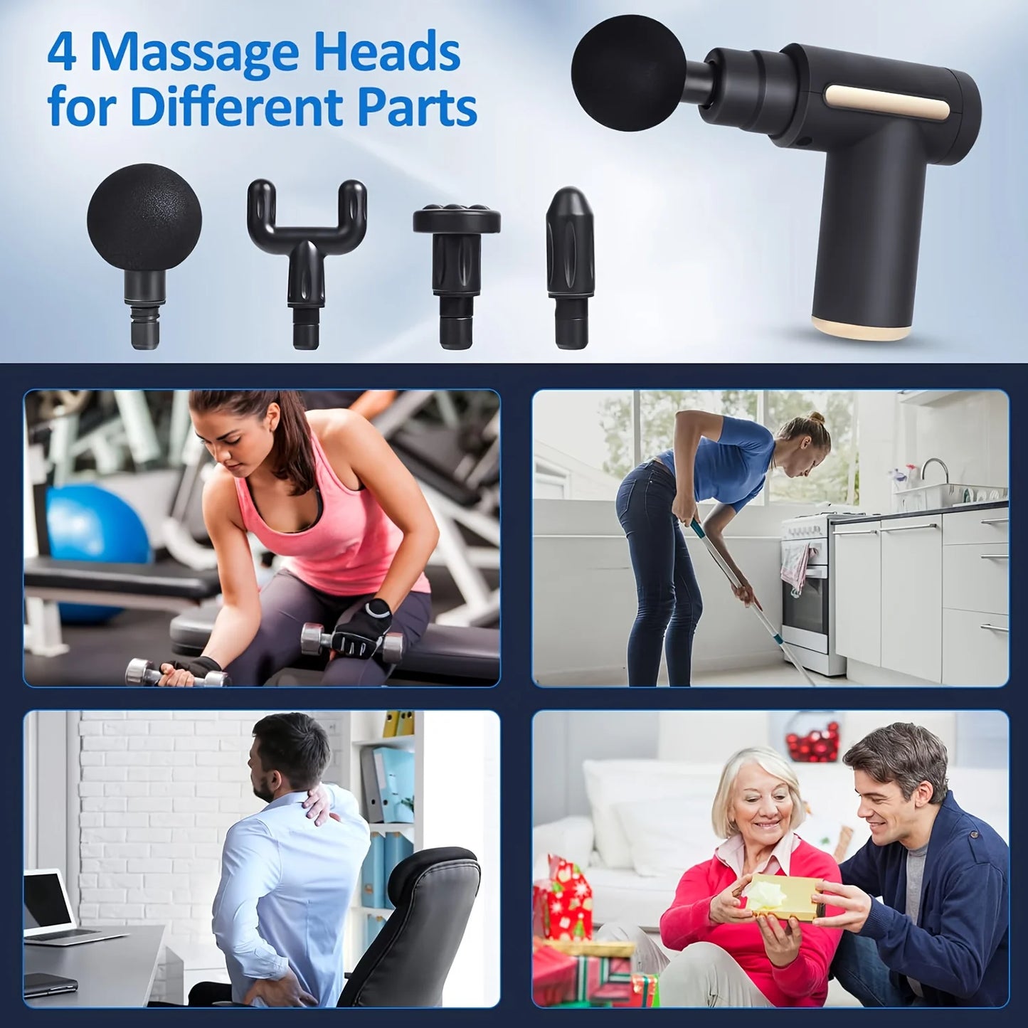 Pistolet de massage pour la relaxation des tissus profonds PerSCH, masseur relaxant musculaire, 10 vitesses, 4 tÄÇtes, black