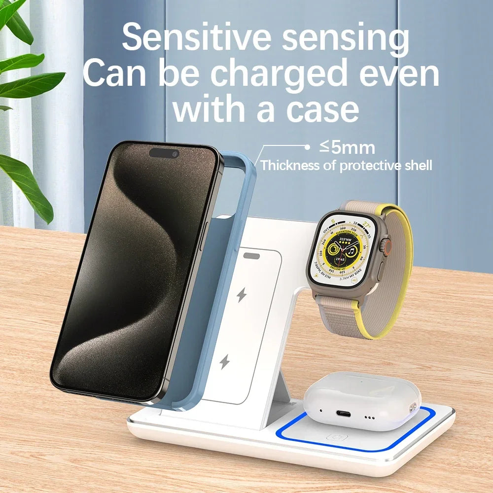 Soporte de cargador inalámbrico rápido con LED, station de carga pliable 3 en 1 de para iPhone 15, 14, 13, 12, 11, Apple Watch