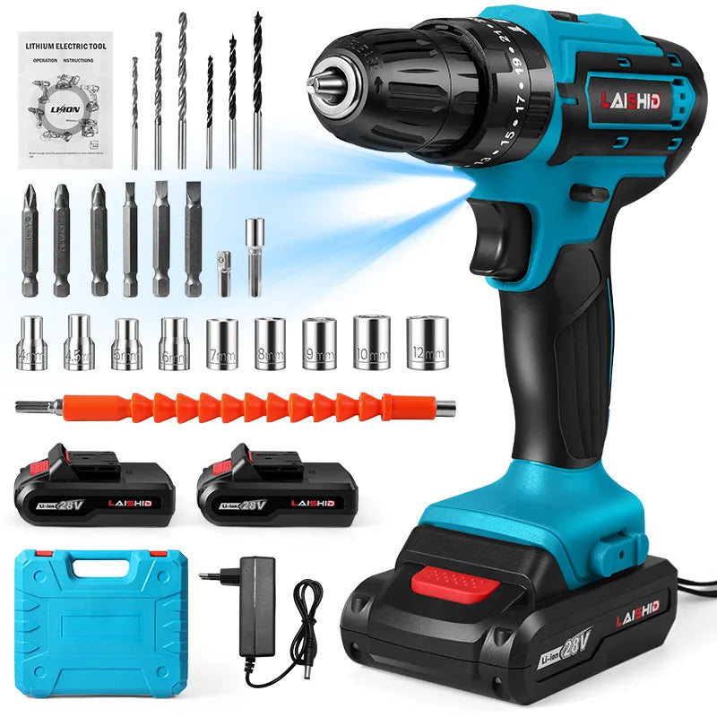 Tournevis sans fil ½Ç impact 28V, perceuses ½Ç grande vitesse, perceuse ½Ç batterie aste, perceuse domestique, outils ¹Èlectriques avec forets