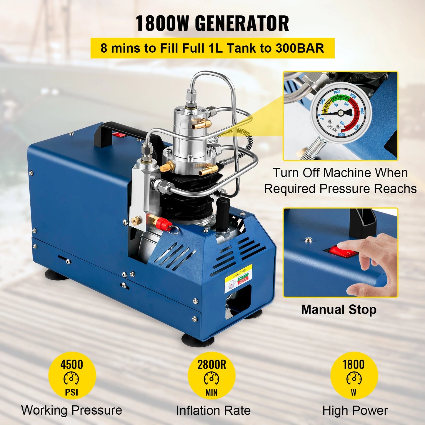 Pompe ¨¤ Air PCP Pression 300BAR 30MPA 4500PSI 1800W Refroidissement Eau Arr¨ºt Manuel pour Bouteille Plong¨¦e Paintball