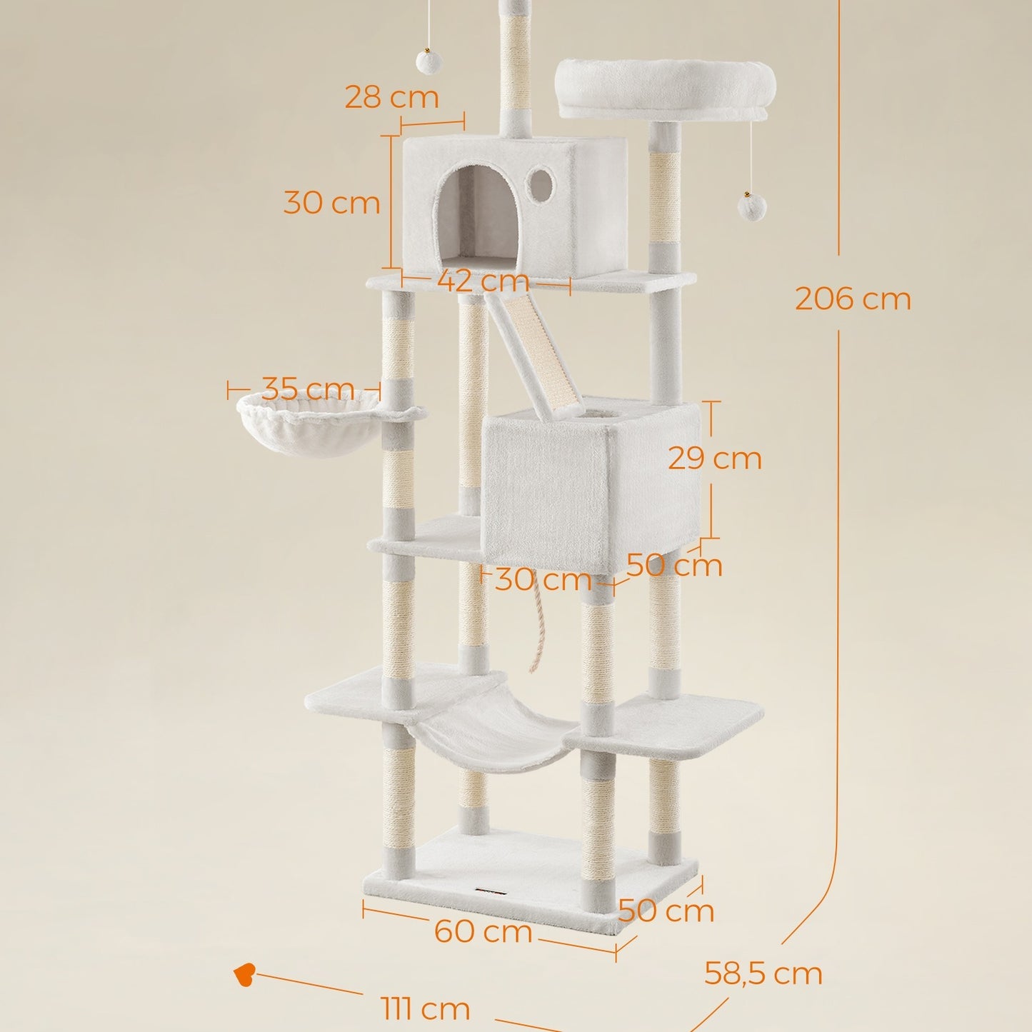 Arbre à Chat, Hauteur 206 cm, avec 13 Griffoirs, 2 Plate-Forme, 2 Niches, Panier, Hamac, Pompon, Tissu Peluche, Multi-Niveaux pour Chat d'Intérieur