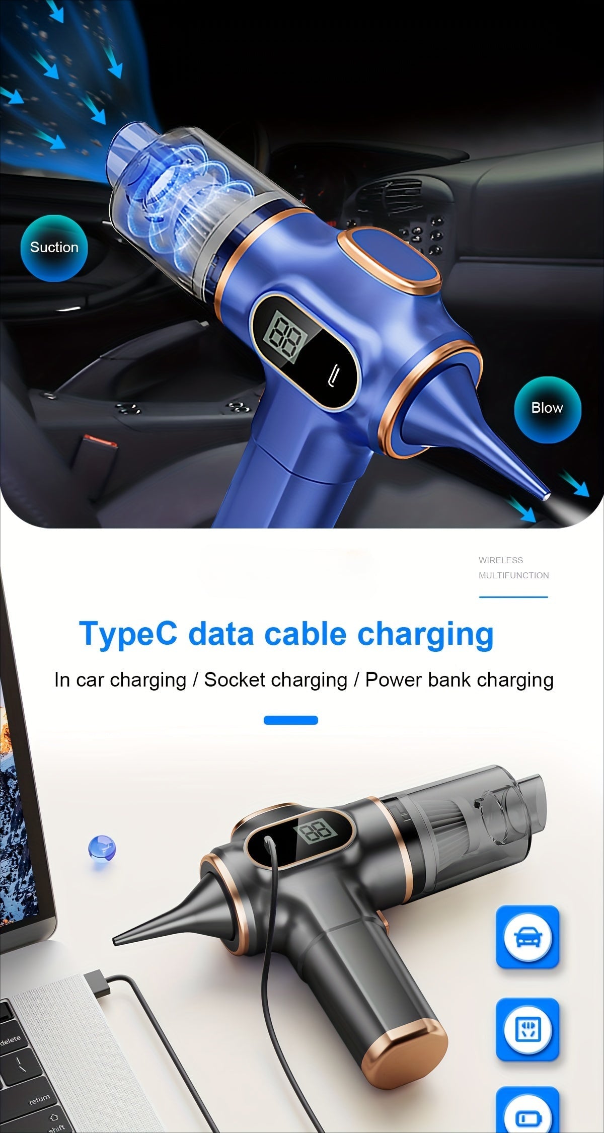 4000mAh/60W/5Kpa, Aspirateur à main sans fil amélioré - Aspiration cyclonique améliorée, Chargement sans fil, Puissant - Portable, Facile à nettoyer les voitures, les bureaux et les maisons - Batterie longue durée, Parfait pour un nettoyage rapide,Bleu