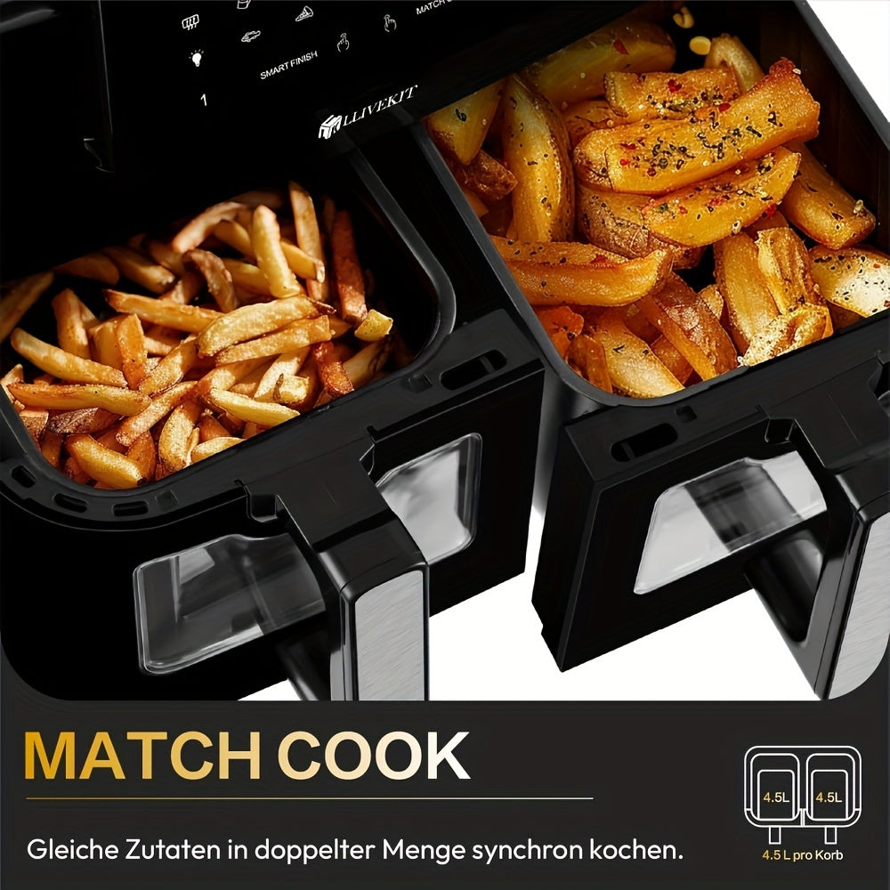 1PC, Friteuse ¨¤ air chaud double zone avec fen¨ºtre de visualisation, Friteuse ¨¤ air 9L XXL sans huile, Friteuse ¨¤ air avec 9 r¨¦glages de cuisson en 1, 2 tiroirs, ¨¦cran tactile, fonction intelligente et minuterie, Friteuse saine et faible en gras