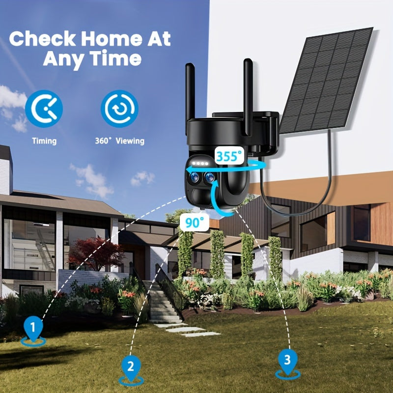 2 caméras de sécurité solaires sans fil pour l'extérieur, alimentées par batterie, caméras sans fil à 360° pour la sécurité de la maison avec sirène de projecteur, conversation bidirectionnelle, vision nocturne en couleur, prend en charge le stockage dans