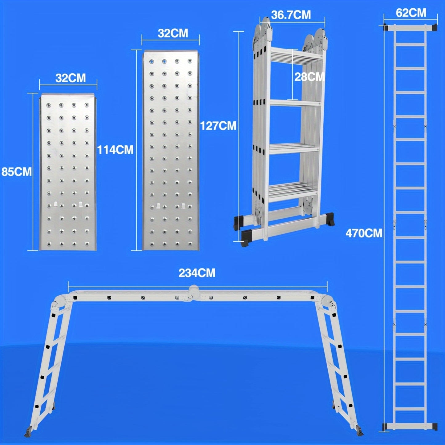 ¨¦chelle multifonction 4X4/4X5 marches ¨¦chelle en aluminium 4.7M/5.8M Max 150kg ¨¦chelle multifonctionnelle ¨¦chelle pliante avec plateforme et roues, ¨¦chelle domestique, Escabeau, Super ¨¦chelle pour la maison et le jardin
