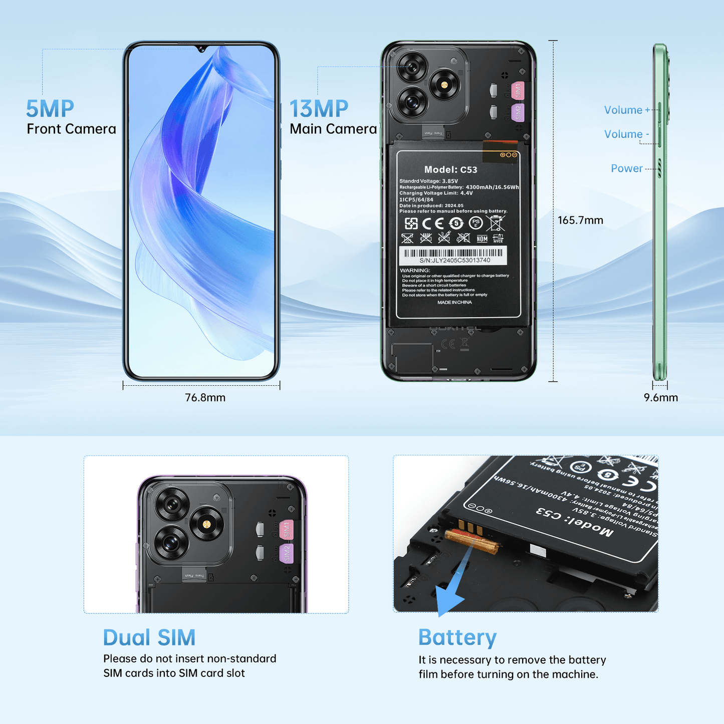 T¨¦l¨¦phones mobiles C53 2024, 6.6" HD+ Waterdrop Screen Android 14 t¨¦l¨¦phone, smartphone 4300mAh, 8GB + 64GB/1TB Octa Core, appareil photo principal 13MP, 4G Dual SIM Free d¨¦verrouill¨¦, Face ID/GPS/3.5mm Jack