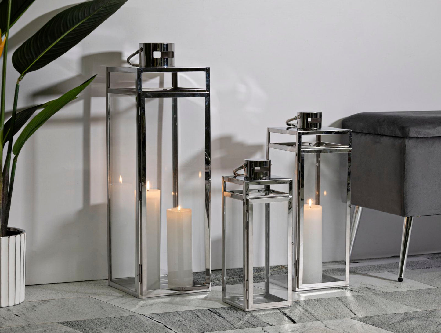 LANTERNE ARGENT JEU 3 PZ CM 22X22,5X70,5-18X18,5X50-14X14,5X38