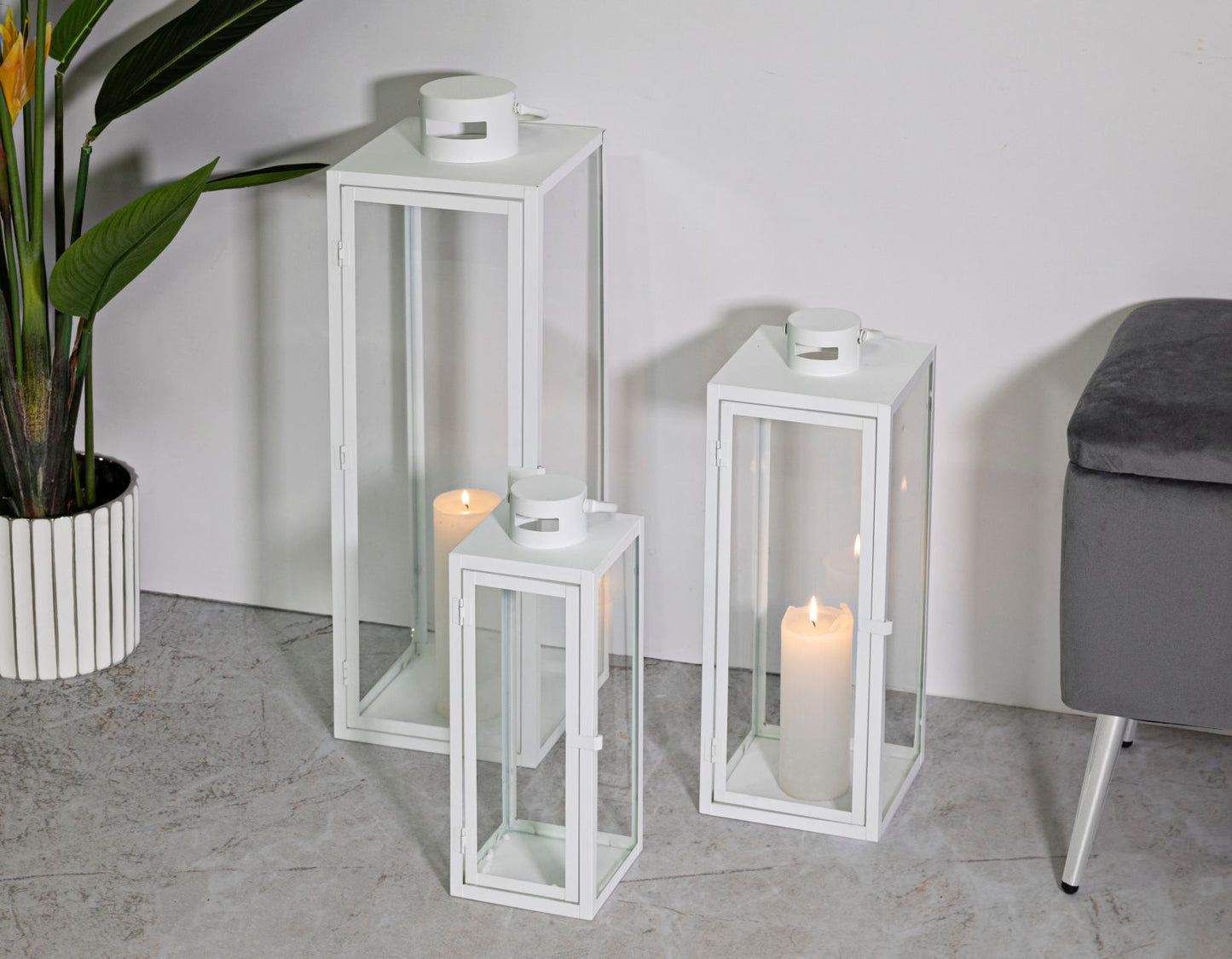 LANTERNE BLANC JEU 3 PZ CM 22X22X66-18X18X49,5-14X14X39