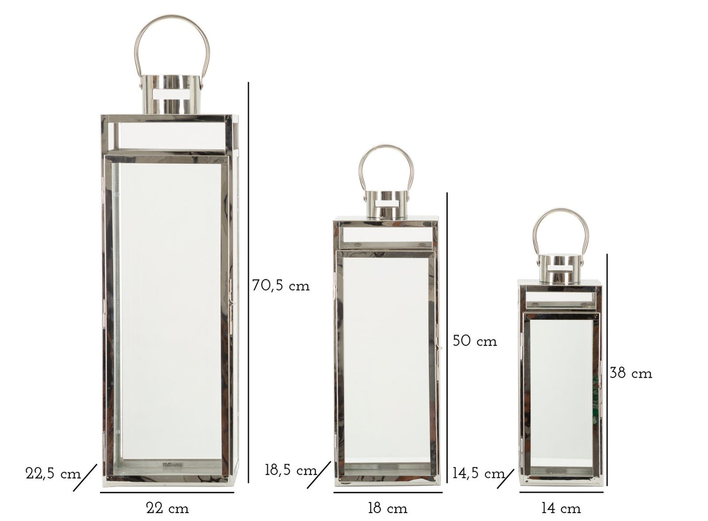 LANTERNE ARGENT JEU 3 PZ CM 22X22,5X70,5-18X18,5X50-14X14,5X38