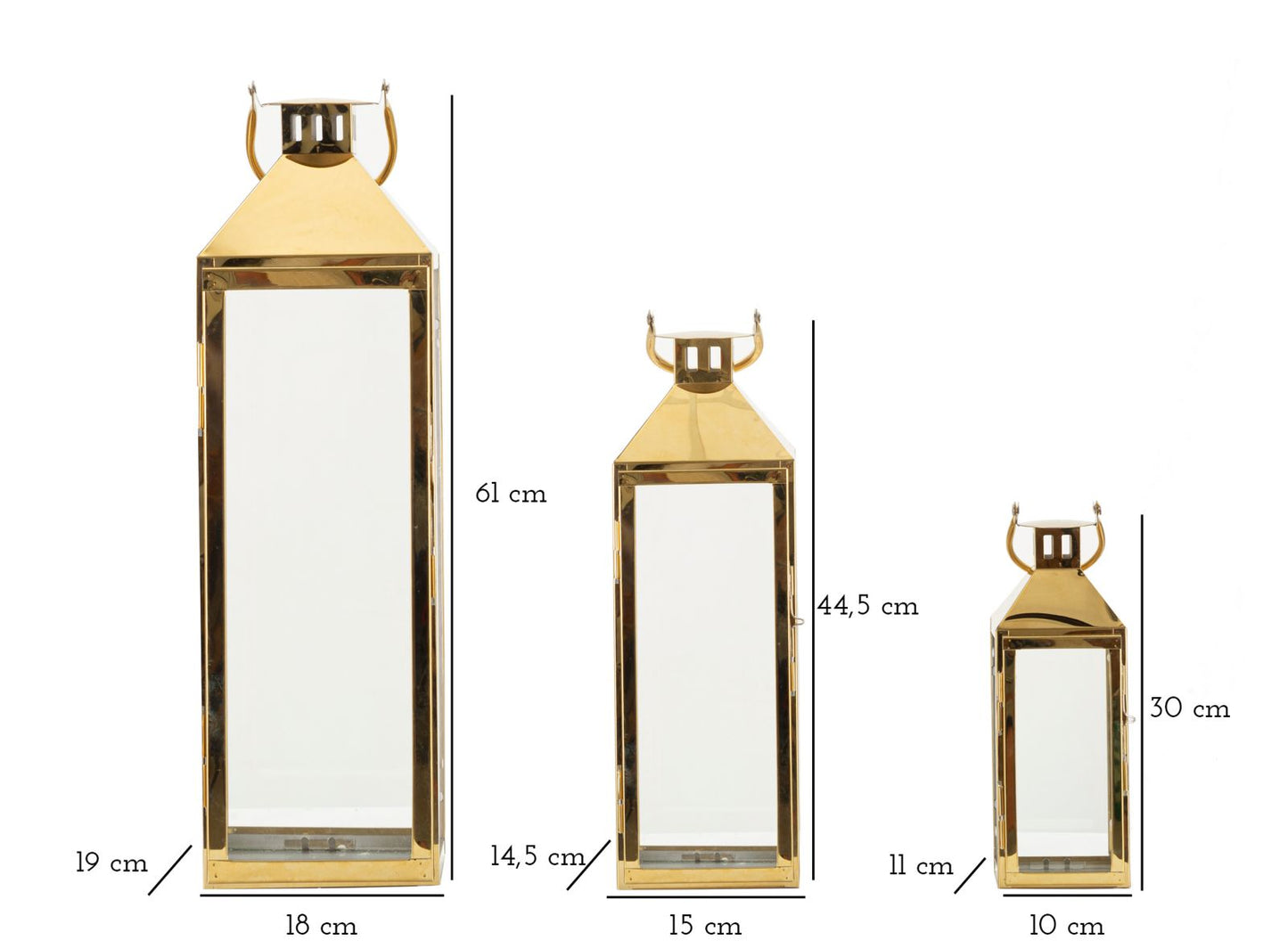 LANTERNE OR ENSEMBLE 3 PZ CM 18X19X61-15X14,5X44,5-11X10X30