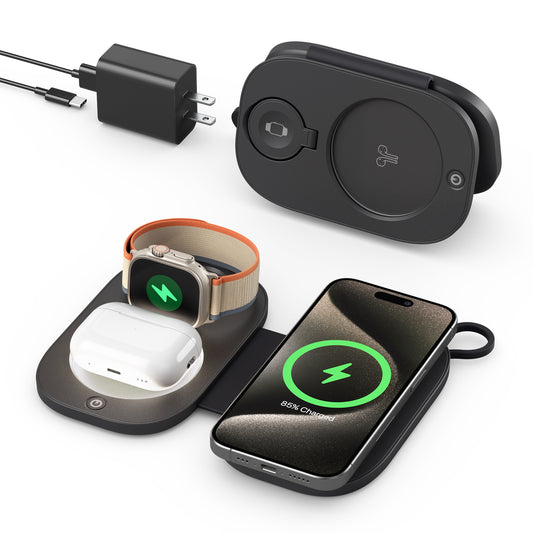 Station de Charge Sans Fil 3-en-1 Compacte et Pliable pour iPhone 16/15/14/13/12 Pro Max, Apple Watch Series 9/8/7/6/5/4/3/SE/Ultra, AirPods Pro 2/3/4 - Compatible MagSafe, Design Portable et Rapide