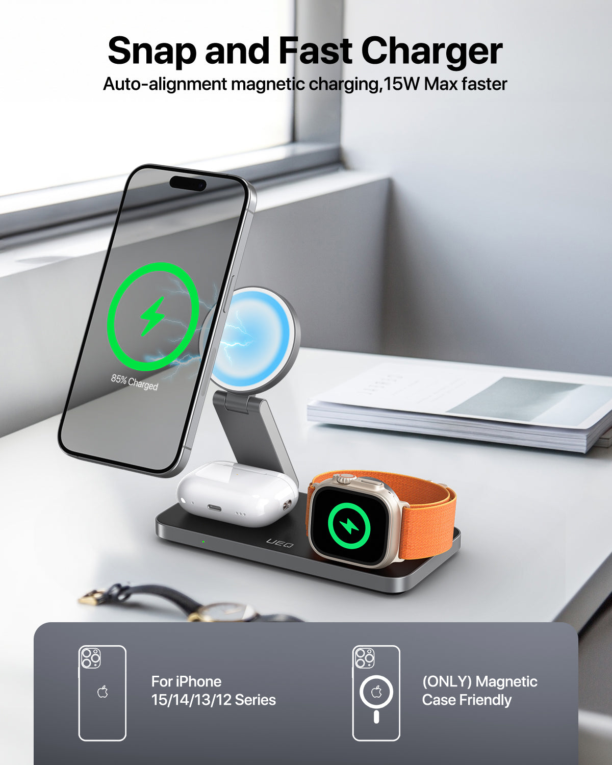 Station de Charge Sans Fil Rapide 3 en 1 - Compatible iPhone 16/15/14/13/12 Pro/Max/Plus, Apple Watch 9/8/SE/7/6/5/4/3/2, AirPods 2/3/Pro - Charge Magnétique et Sécurisée