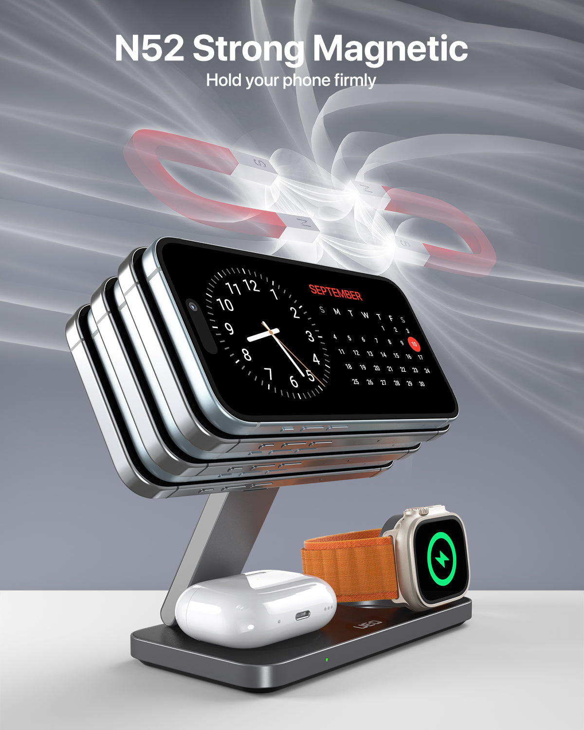 Station de Charge Sans Fil Rapide 3 en 1 - Compatible iPhone 16/15/14/13/12 Pro/Max/Plus, Apple Watch 9/8/SE/7/6/5/4/3/2, AirPods 2/3/Pro - Charge Magnétique et Sécurisée