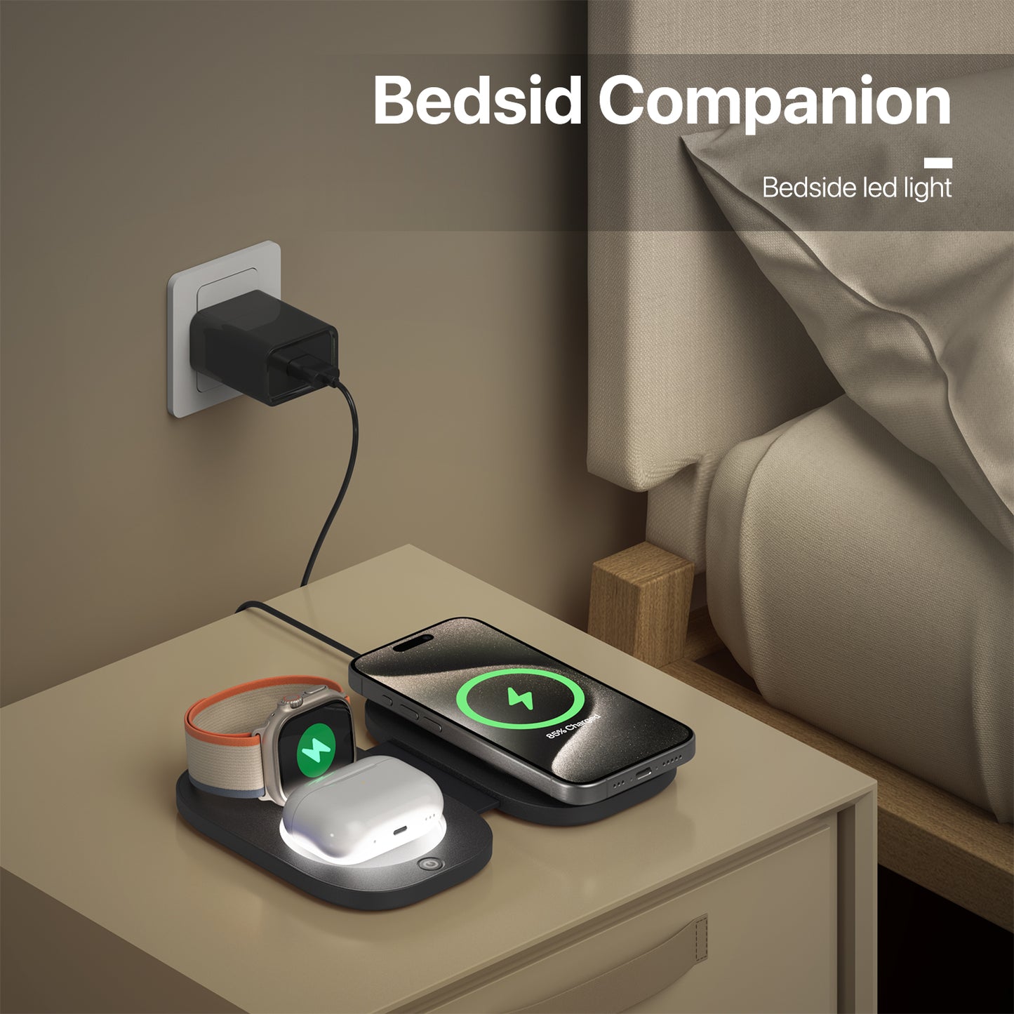 Station de Charge Sans Fil 3-en-1 Compacte et Pliable pour iPhone 16/15/14/13/12 Pro Max, Apple Watch Series 9/8/7/6/5/4/3/SE/Ultra, AirPods Pro 2/3/4 - Compatible MagSafe, Design Portable et Rapide