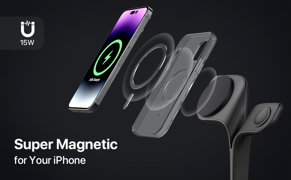 Station de Charge Sans Fil 3 en 1 Magnétique - Compatible iPhone 16/15/14/13/12, Apple Watch 10/9/8/7/6/SE/5/4/3, AirPods 2/3/4/Pro - Charge Rapide et Sécurisée