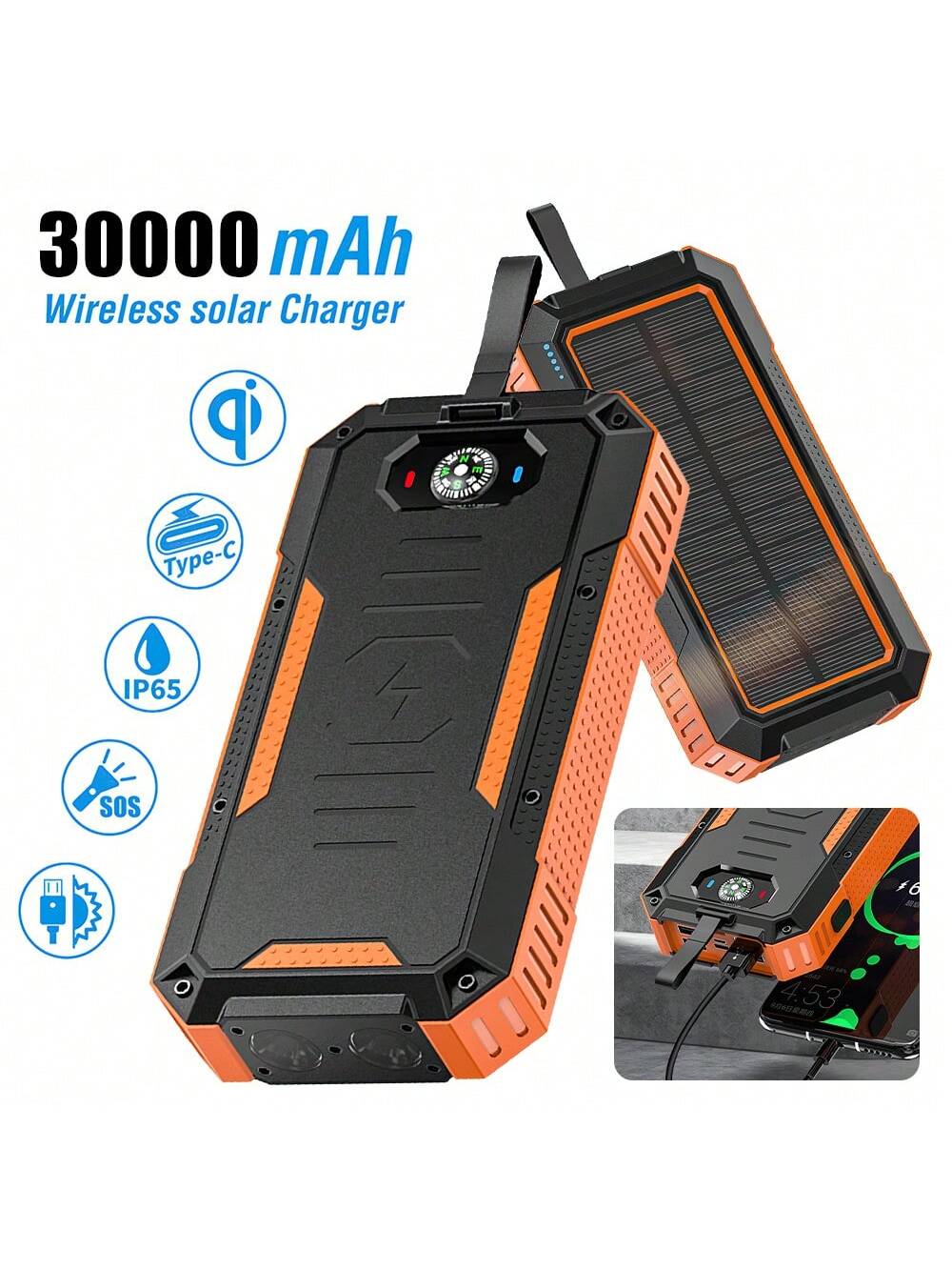 Banque d'¨¦nergie 30000mAh Chargeur solaire Boussole int¨¦gr¨¦e, banque d'¨¦nergie ¨¤ charge rapide 15W Plusieurs sorties et entr¨¦es Banque d'¨¦nergie ¨¤ charge sans fil, avec lampes de poche puissantes