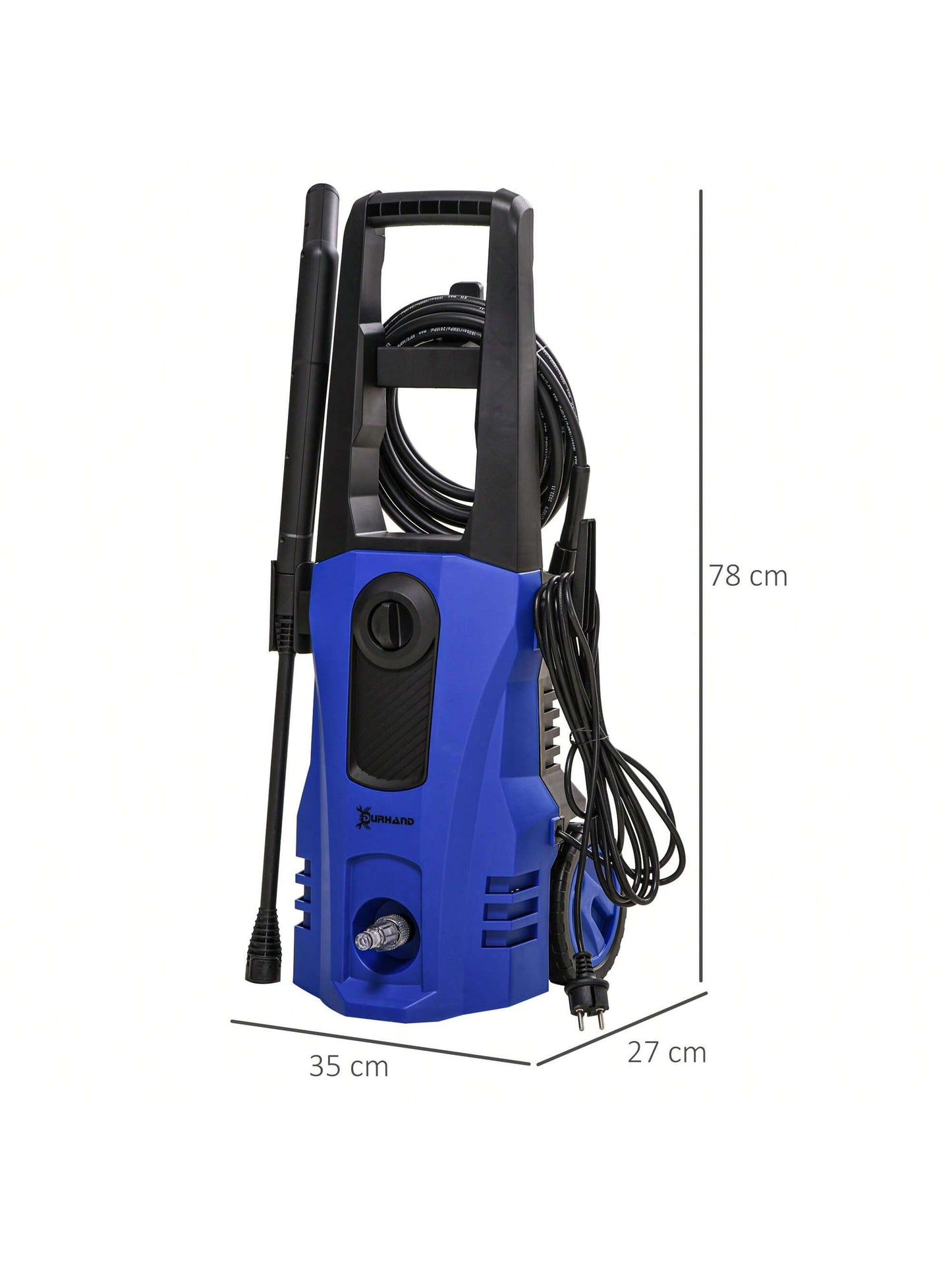 Nettoyeur Haute Pression Puissance 150 Bars Max, d¨¦bit 510 l/h Max, Moteur 1800W Tuyau 6m et cable 5m avec Roues pour Voiture Jardin terrasse dim. 35L x 27l x 78H cm Bleu