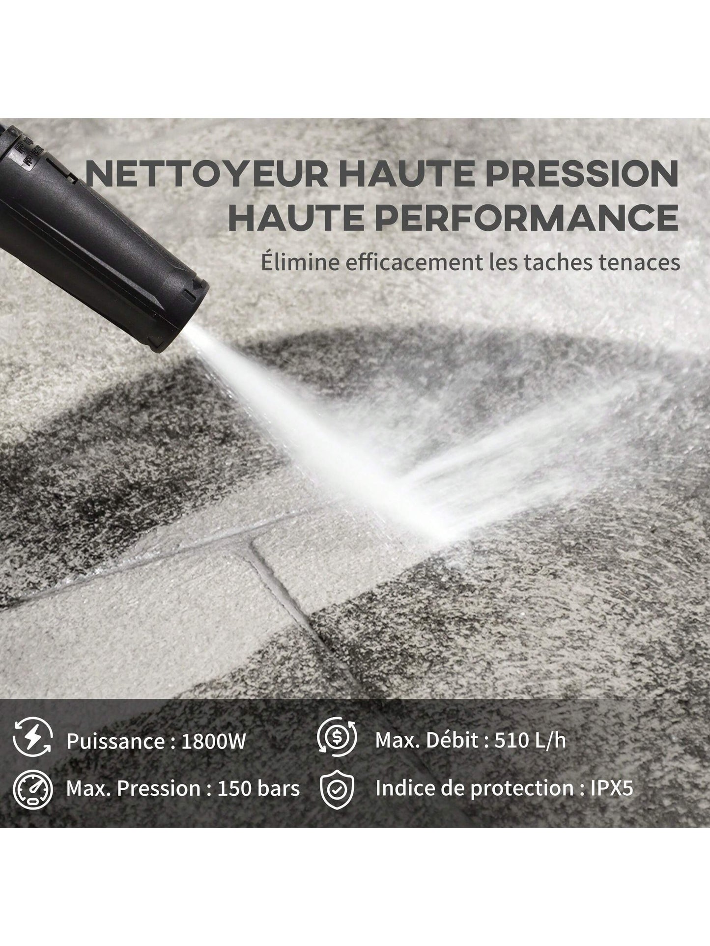 Nettoyeur Haute Pression Puissance 150 Bars Max, d¨¦bit 510 l/h Max, Moteur 1800W Tuyau 6m et cable 5m avec Roues pour Voiture Jardin terrasse dim. 35L x 27l x 78H cm Bleu