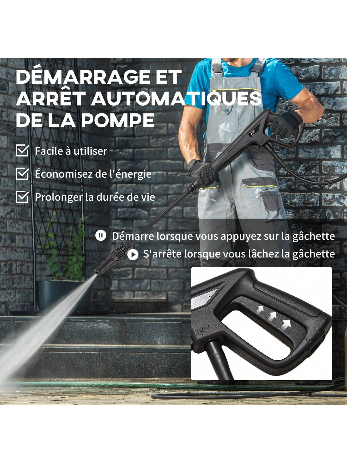 Nettoyeur Haute Pression Puissance 150 Bars Max, d¨¦bit 510 l/h Max, Moteur 1800W Tuyau 6m et cable 5m avec Roues pour Voiture Jardin terrasse dim. 35L x 27l x 78H cm Bleu