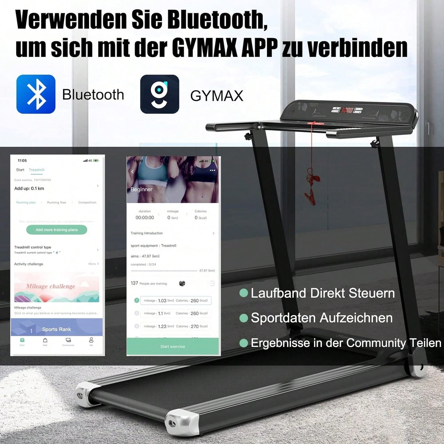 Tapis de course pliable, tapis de course ¨¦lectrique avec 12 programmes pr¨¦d¨¦finis, contr?le par application, haut-parleur Bluetooth, moniteur LED et support d'appareil, tapis de course portable pour appartement