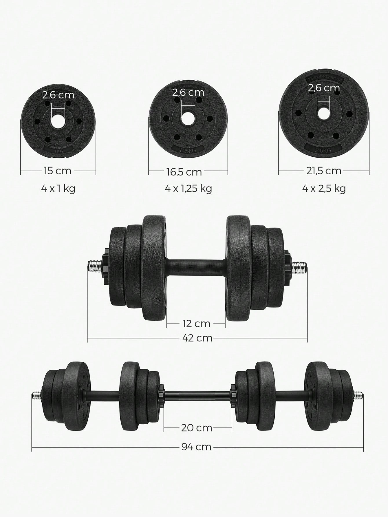 Lot 2 Halt¨¨res Musculation Poids Ajustable 10 kg, 20 kg, avec Barre d'Extension suppl¨¦mentaire 12 disques SYL20HBK