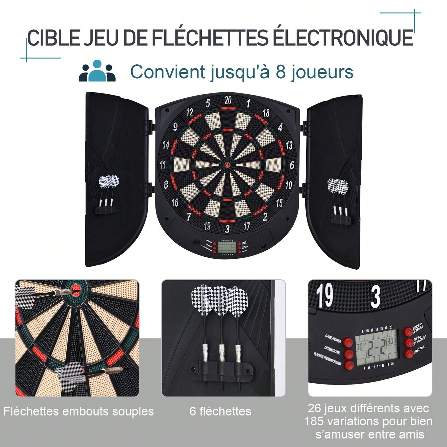 Cible jeu de fl¨¦chettes ¨¦lectronique refermable 26 jeux jusqu'¨¤ 8 joueurs affichage LCD haut-parleur noir