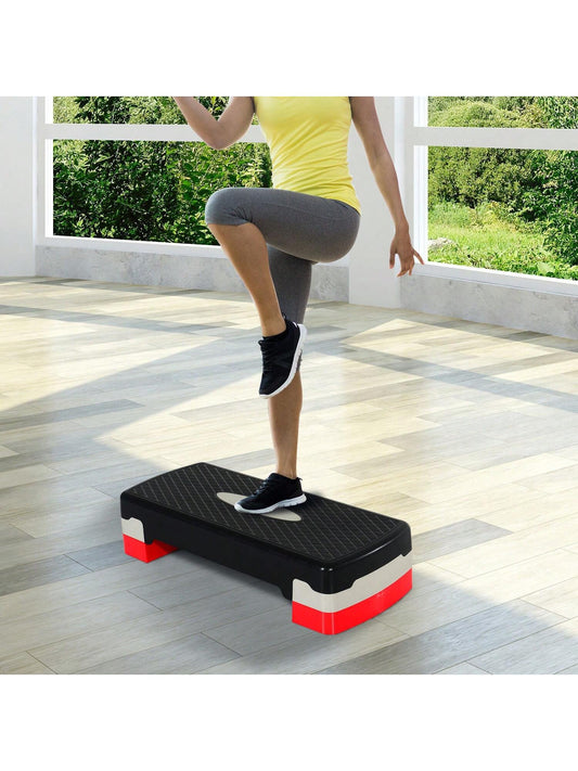 Stepper aerobic fitness hauteur reglable 2 niveaux surface antiderapante plastique 68 x 29 x 15 cm rouge noir et gris