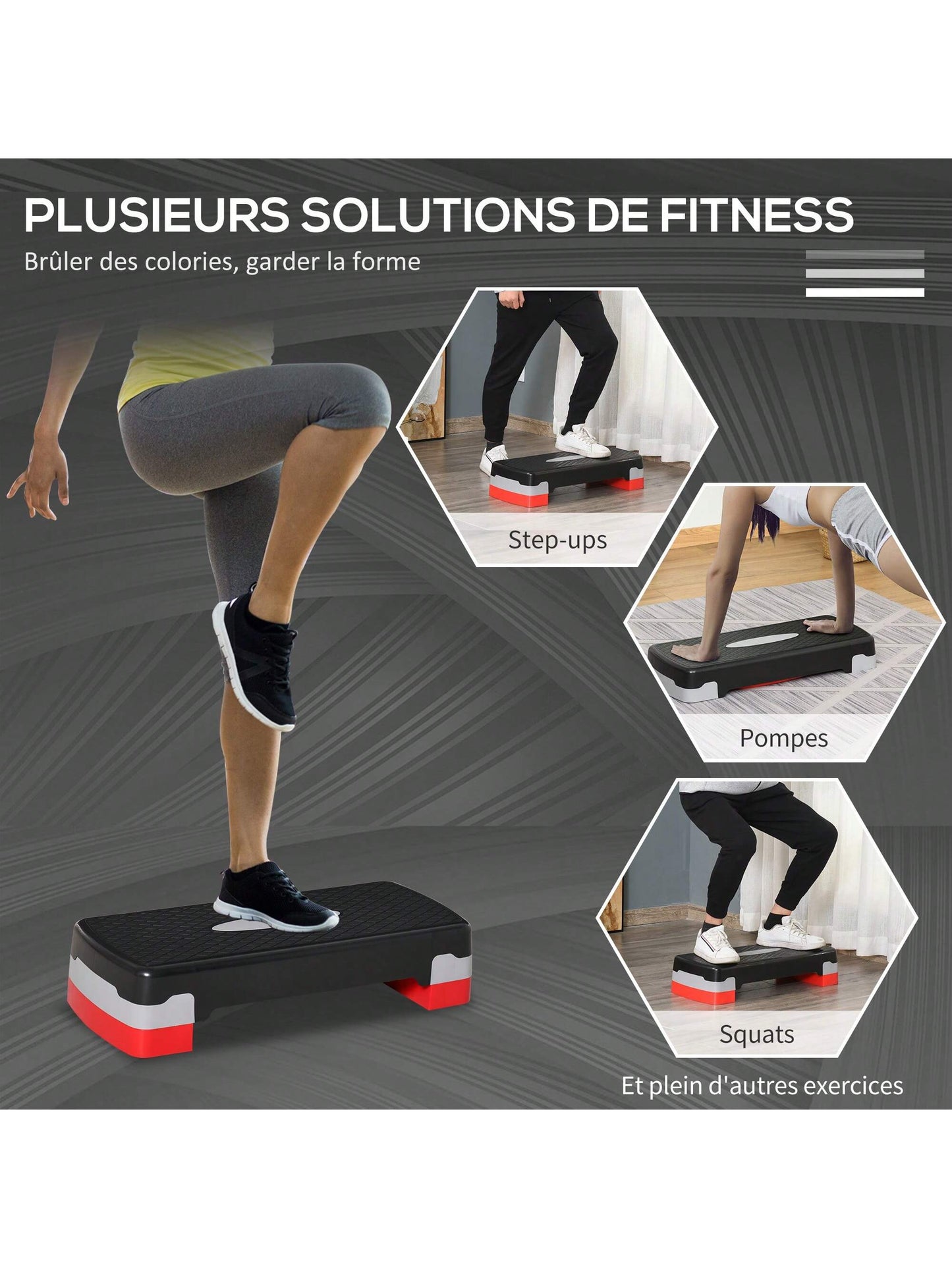 Stepper aerobic fitness hauteur reglable 2 niveaux surface antiderapante plastique 68 x 29 x 15 cm rouge noir et gris