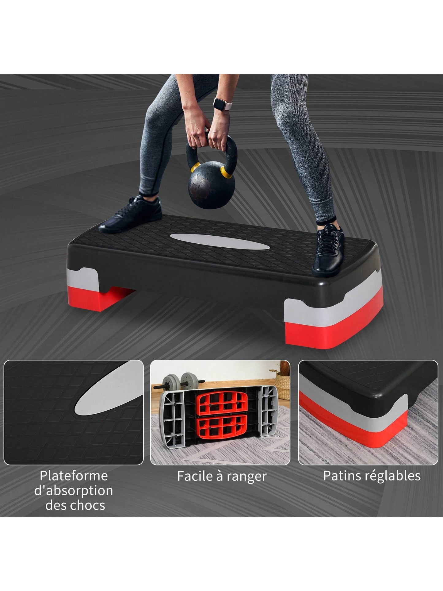 Stepper aerobic fitness hauteur reglable 2 niveaux surface antiderapante plastique 68 x 29 x 15 cm rouge noir et gris