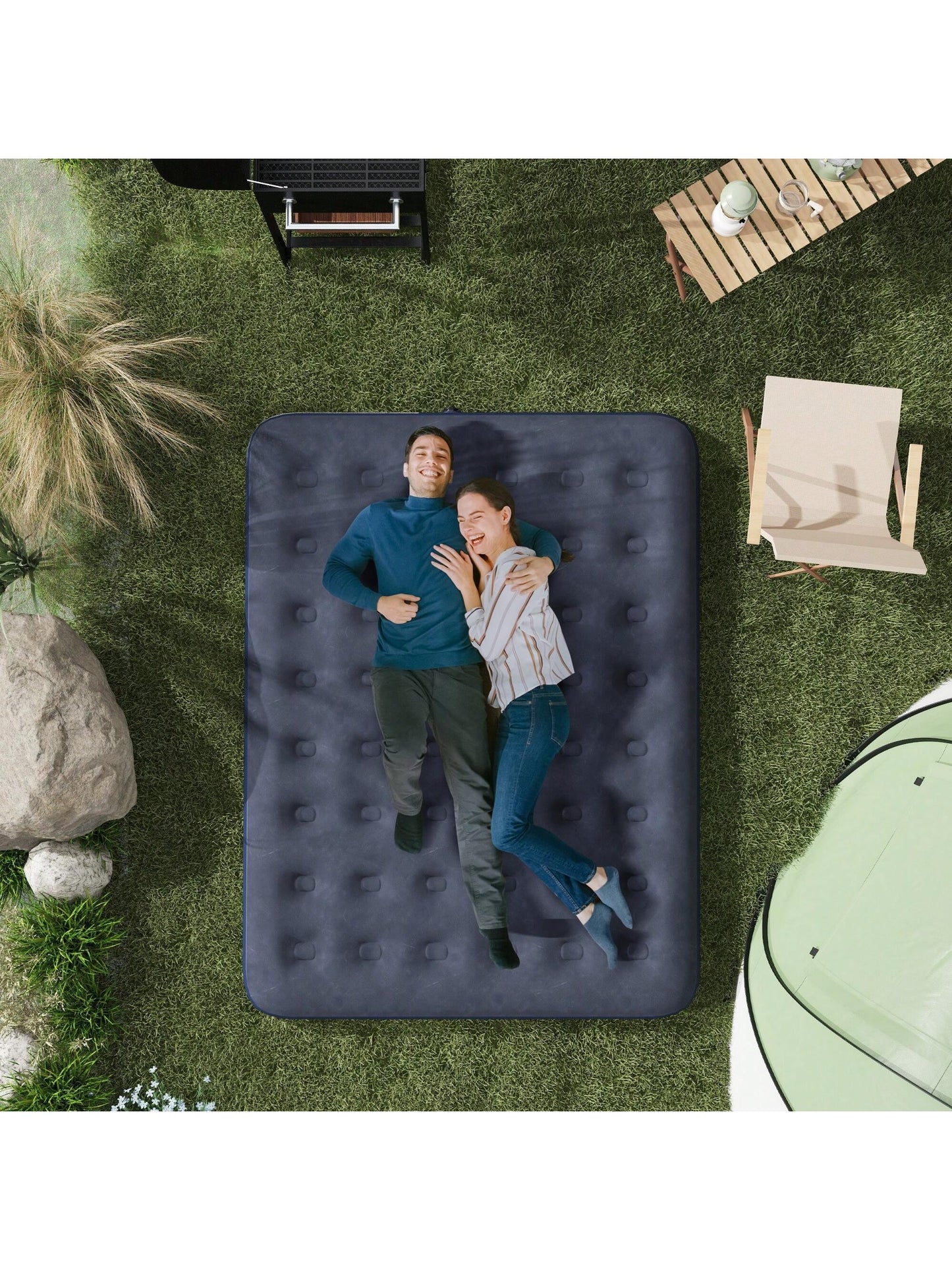 Matelas gonflable 2 personnes matelas pneumatique avec pompe ¨¤ main int¨¦gr¨¦e, surface floqu¨¦e, pour camping, voyage - 203L x 152l x 22H cm, bleu