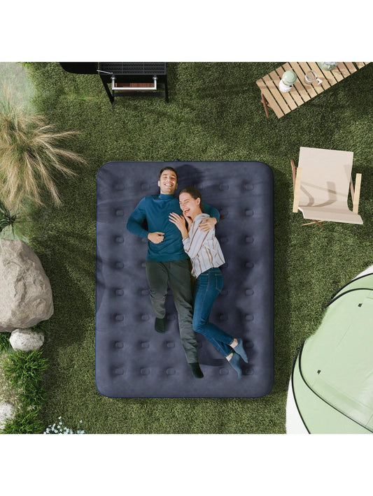 Matelas gonflable 2 personnes matelas pneumatique avec pompe ¨¤ main int¨¦gr¨¦e, surface floqu¨¦e, pour camping, voyage - 203L x 152l x 22H cm, bleu