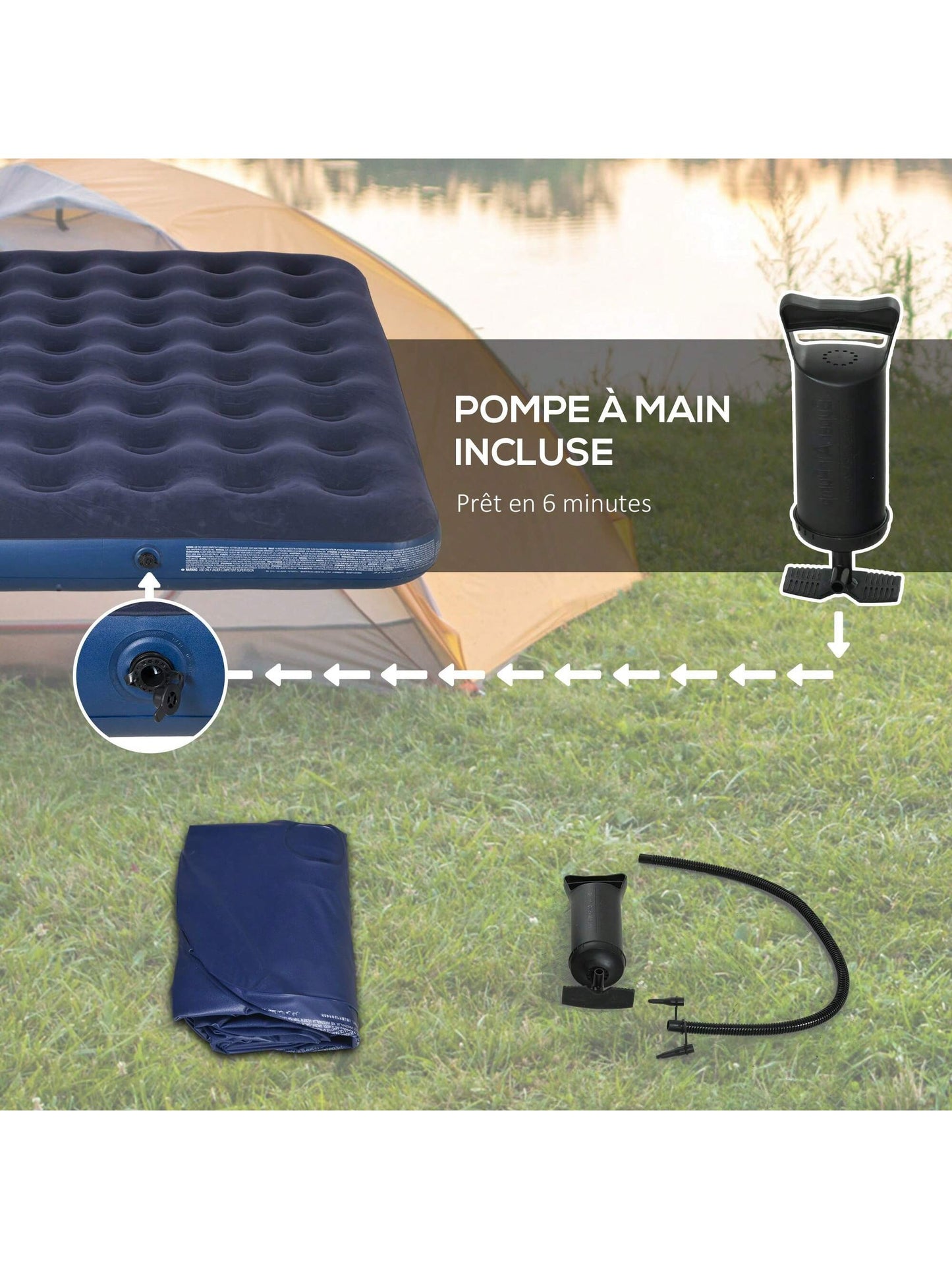 Matelas gonflable 2 personnes matelas pneumatique avec pompe ¨¤ main int¨¦gr¨¦e, surface floqu¨¦e, pour camping, voyage - 203L x 152l x 22H cm, bleu