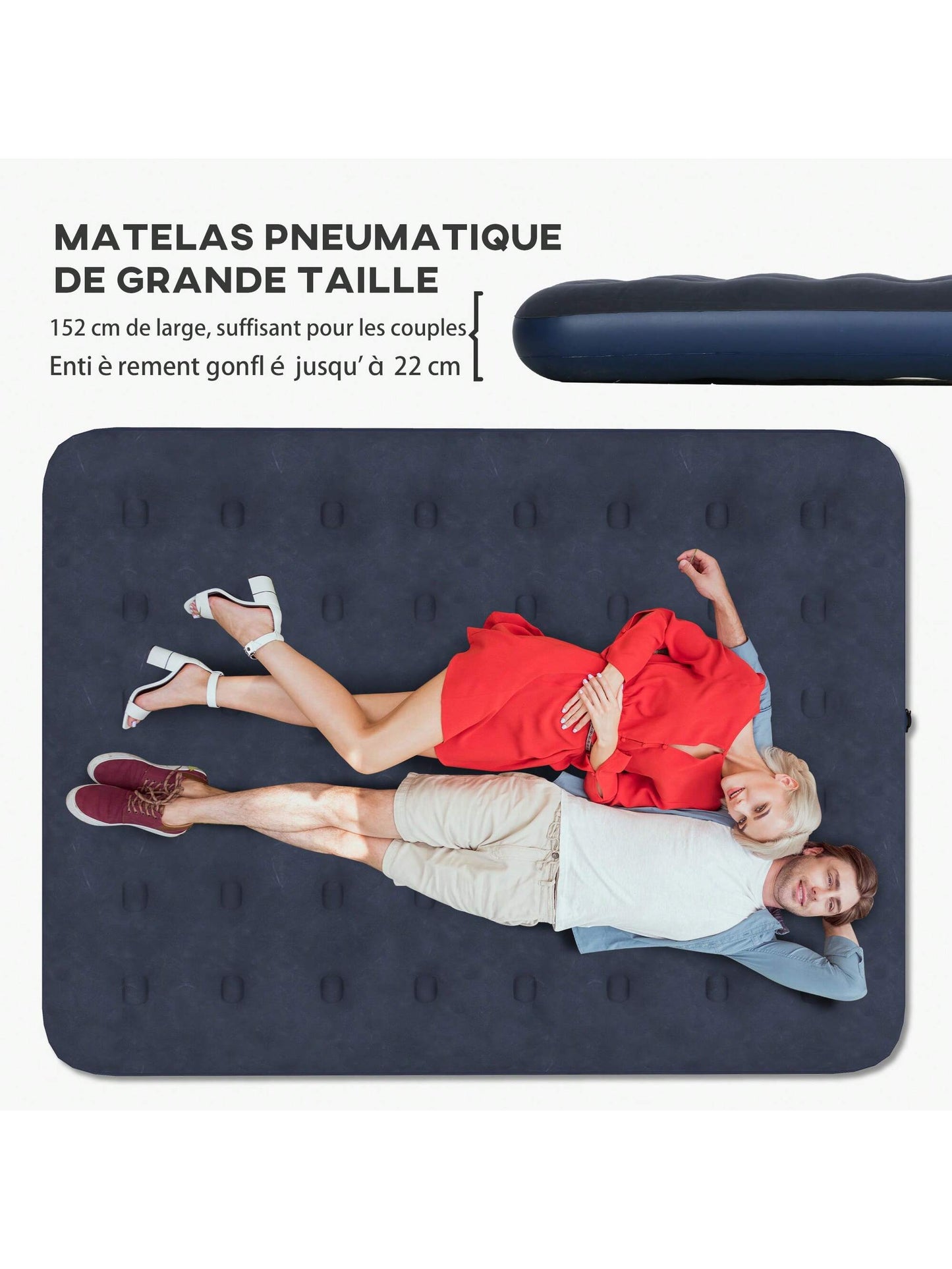Matelas gonflable 2 personnes matelas pneumatique avec pompe ¨¤ main int¨¦gr¨¦e, surface floqu¨¦e, pour camping, voyage - 203L x 152l x 22H cm, bleu