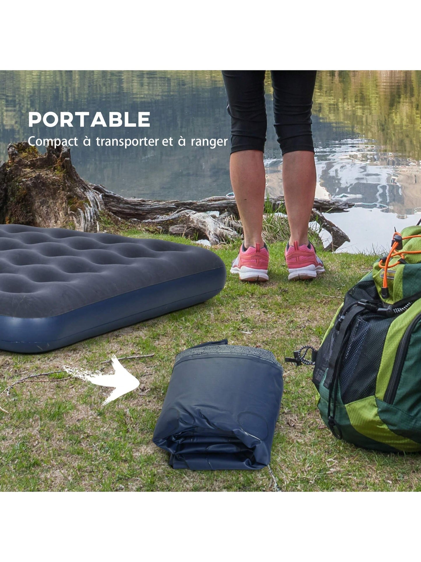 Matelas gonflable 2 personnes matelas pneumatique avec pompe ¨¤ main int¨¦gr¨¦e, surface floqu¨¦e, pour camping, voyage - 203L x 152l x 22H cm, bleu