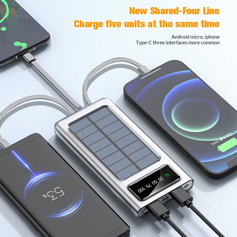 Chargeur solaire portable 10000mAh/20000mAh, banque d'¨¦nergie solaire avec 4 cables, entr¨¦e/sortie USB-C, pour la randonn¨¦e et le camping, banque d'¨¦nergie portable de grande taille pour les t¨¦l¨¦phones intelligents et les appareils ¨¦lectroniques